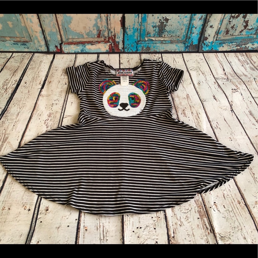 Adorable Sequin Panda Striped Dress NWOT